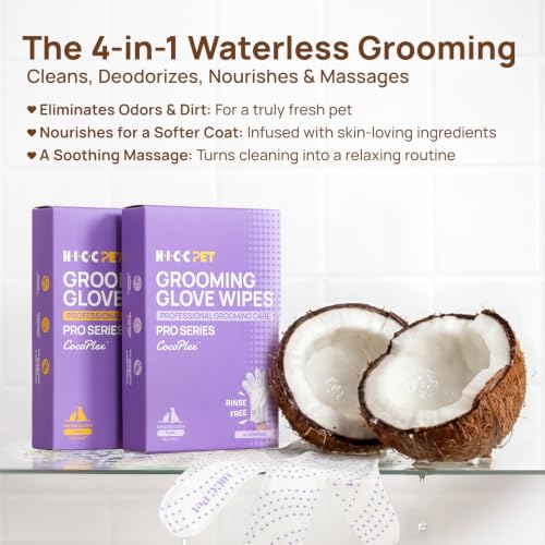 Image of HICC PET Cleaning Glove Wipes PRO for Dogs & Cats, 6PCS Coconut Scent. | Puppy Wipes, No-Rinse Pet Grooming Wipes, Extra Thick Dual-Textured Wipes for Paws, Face, Coat, Outer Ear&Rear-End Area.