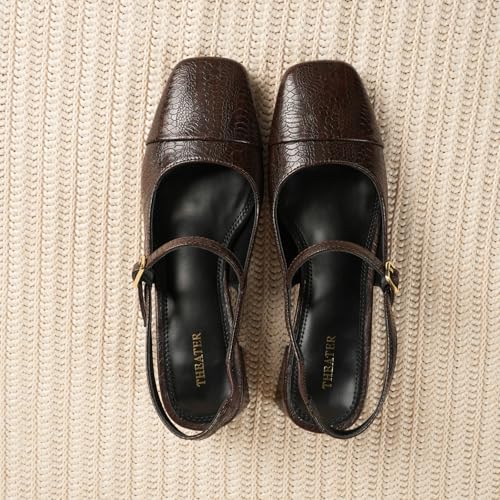 Image of Theater Women Twiggy Mary Jane Block Heel Sandals with Square Toe and Adjustable Buckle Slingback | Cushioned Comfort for Office & Formal Wear