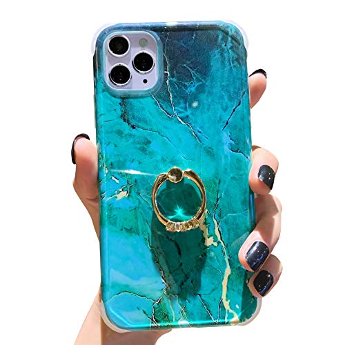 Anynve Compatible with iPhone 11 Pro Max Marble Case Cute for Women Girls with 360 Degree Rotating Ring Kickstand, Shockproof Hard Back + Soft TPU Bumper Slim Case [6.5 inch] -Gold Green
