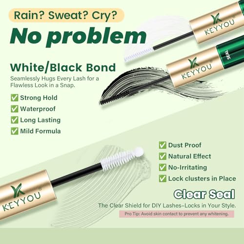 KEYYOU Lash Bond and Seal Waterproof 10ml – Non Irritating Eyelash Glue for Individual Lashes, Long Lasting Strong Hold for DIY Eyelash Clusters Extensions at Home (Black+White 2-Pack) — view 3