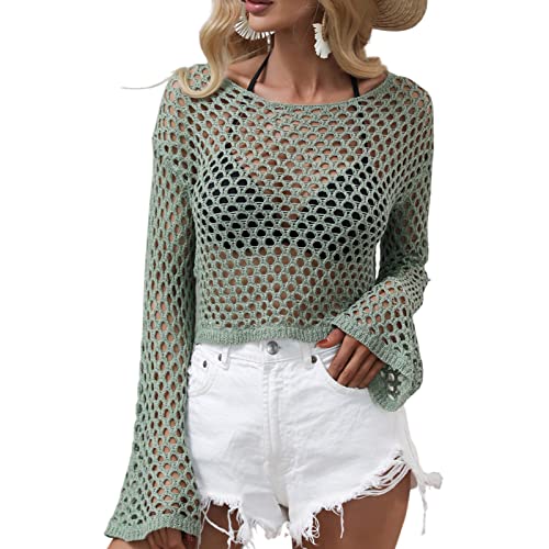 Women's Y2k Crochet Fishnet Long Sleeve Top Vintage Hollow Out Knit See Through Tee Shirt Summer Beach Cover Up (B-Green, L)