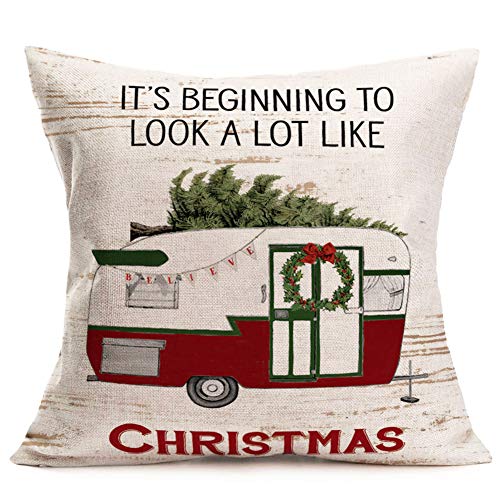 Hopyeer Merry Christmas RV Travel Camper Throw Pillow Cover Retro Xmas Truck Mistletoe Wreath It's Beginning to Look a Lot Like Christmas Quote Cotton Linen Pillowcase for Home Sofa18 x18 (RV-Camper)
