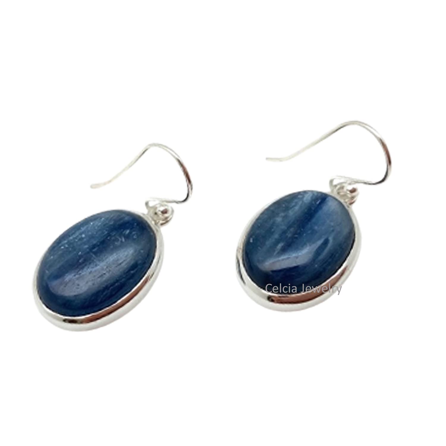 Pendientes colgantes de lágrima de plata de ley 925 auténtica para mujer, pendientes hechos a mano únicos de piedra preciosa azul ovalada de cianita natural para ella