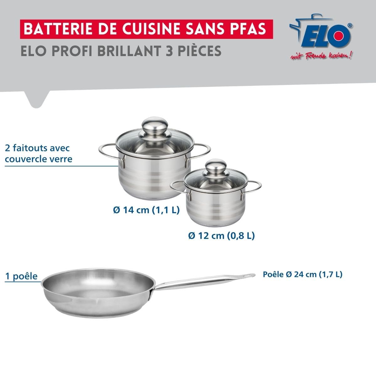 Elo Batterie cuisine poêle 24 cm et 2 faitouts 12/14 cm
