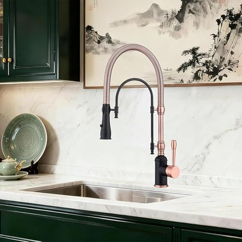 Image of Classical Commercial Copper Kitchen Faucet, Single Handle Spring High Arc with 360 Swivel Pull Down Spray, Finish & Deck Plate for Farmhouse Sink, Black+Red Copper