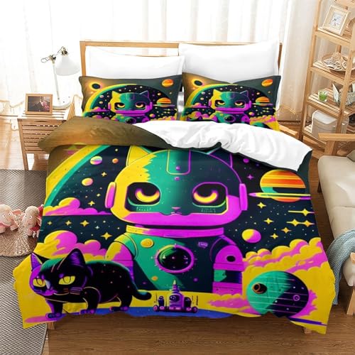 Housses de couettes IOFEER chat espace anti-plis King 220x240cm