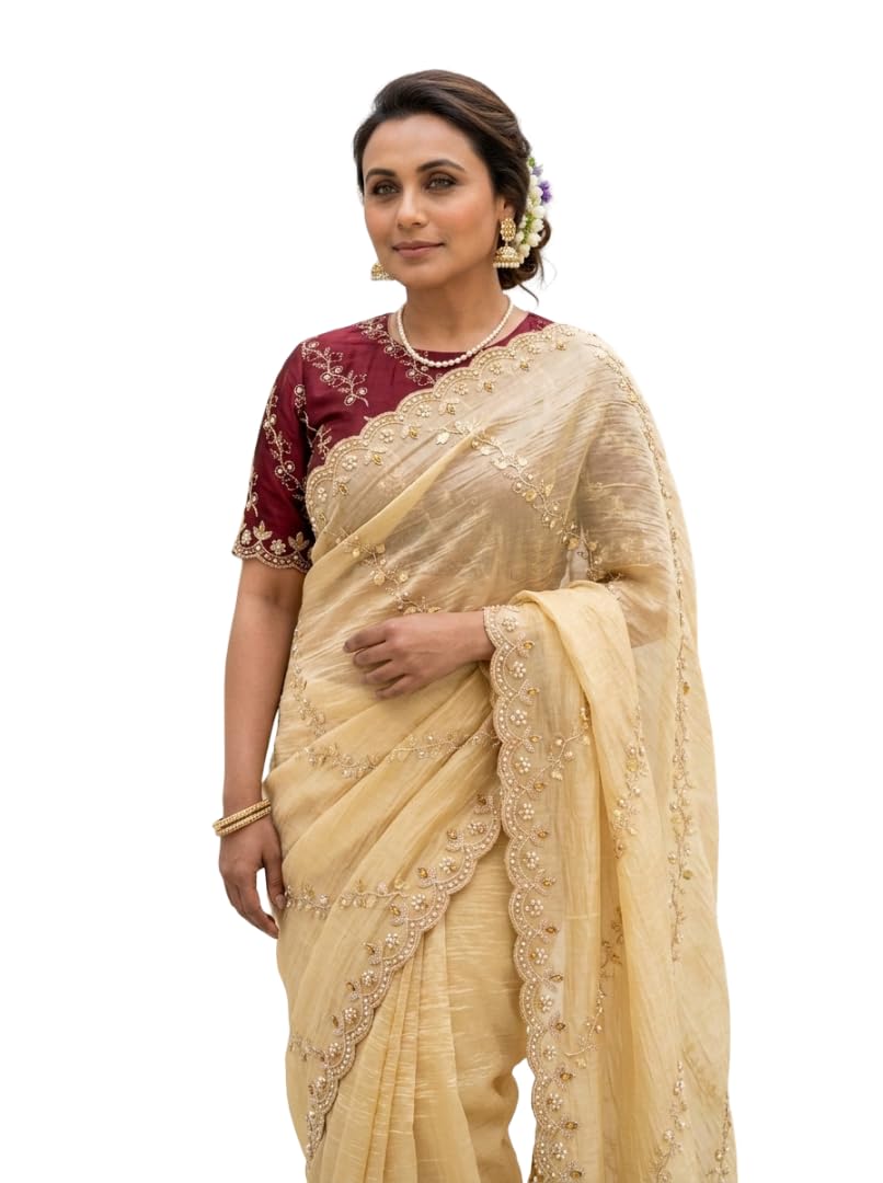 Women Soft Gold Crush Saree with Heavy Embroidery Work Border & Pallu | Designer Party. Wear Saree with Embroidered Blouse | Wedding, Festive & Ethnic Wear Saree (6.30m)-image-31