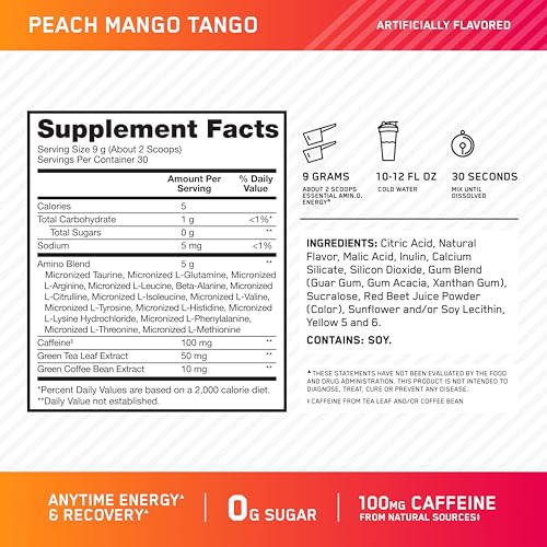 Optimum Nutrition New Flavor Amino Energy - Pre Workout with Green Tea, BCAA, Amino Acids, Keto Friendly, Green Coffee Extract, Energy Powder - Peach Mango Tango, 30 Servings (Packaging May Vary)