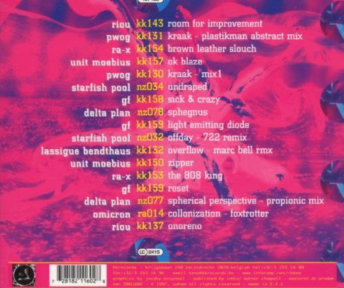 Back cover of Kk in the Mix Audio CD, showing a tracklist with artist names and track titles in white text against a purple and pink abstract background. Barcode and copyright information are at the bottom.