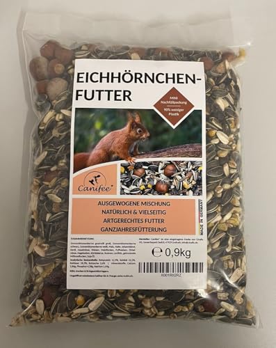 Canifee - Eichhörnchen Futter 0.9 kg Mini-Nachfüllpack artgerechtes Wildtierfutter ganzjährige Futtermischung - Nachfüllbeutel mit der extra Portion Haselnüsse - auch für Streifenhörnchen