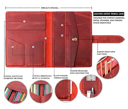 Image of Robrasim Leather Pencil Case Pouch, Handmade Artist Draw Pen Case Roll, Rustic Leather Painting Brush Case and Tool Organizer, Wine