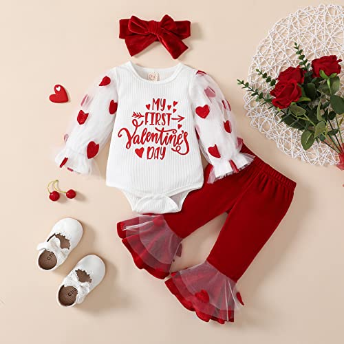 My First Valentines Day Toddler Baby Girl Outfit Red Heart Long Sleeve Romper and Flare Pants Infant Clothes2