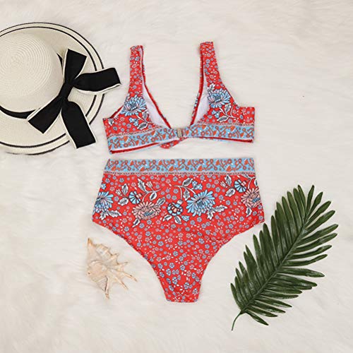 Biquíni floral com laço tipo push up, maiô de duas peças (vermelho/P)