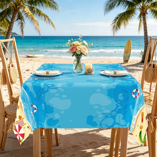 Image of QZYL 4 PCS Summer Beach Tablecloth, 54 x 108 Inch Pool Beach Tablecloth Summer Party Decorations, Disposable Plastic Beach Table Cloth, Hawaiian Table Cloth for Summer Tropical Pool Party Decorations