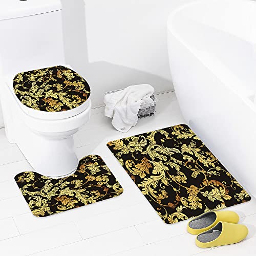 URSOPET Badezimmer Set, rutschfeste Badematte und WC-Vorleger-Set, Barocker Luxus-Goldener Blumendamast-Renaissance… – Bild 5