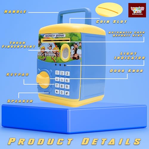 Image of Wonder Money Bank ATM for Kids & Adults | Fingerprint Sensor Electronic Lock & Unlock | Piggy Bank with Sound & Music | Great Gift for Kids (Blue & Yellow)