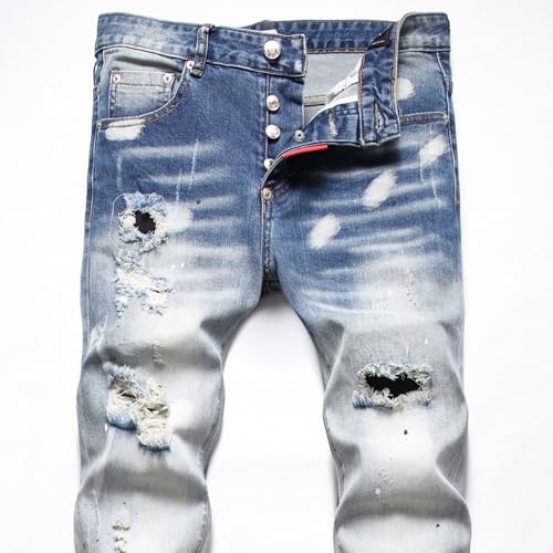 Mens Jeans Retro Light Blue Plain Washed Elastic Slim Fit Buttons Jeans Trousers Men Vintage Casual Denim Pants 7