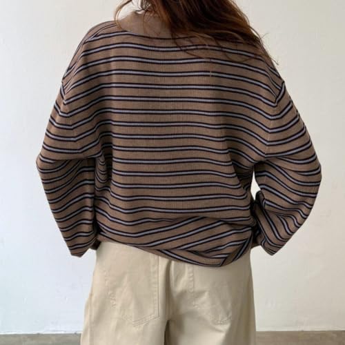 Women Rugby Polo Shirts Oversized Long Sleeve Collared Striped Sweatshirt Y2k Preppy Pullover Tops3