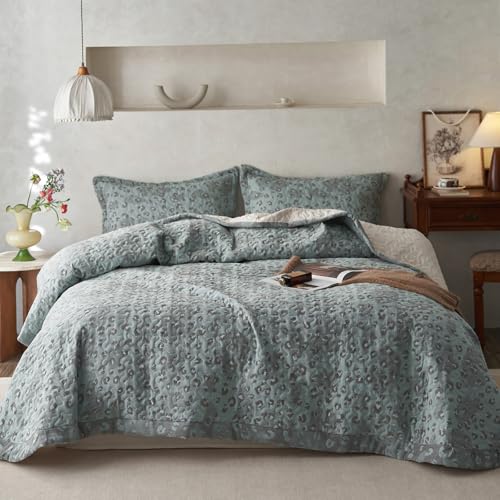 mixinni Leopard Print Quilt Set Queen Size Soft Cotton Double-Laye