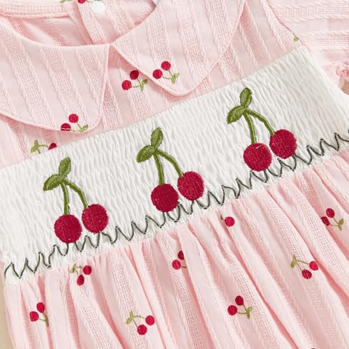 Emmababy Cherry Outfit Baby Girl Smocked Bubble Romper Cherry Ruffle Bodysuit Infant Fruit Outfit Newborn Summer Jumpsuit4