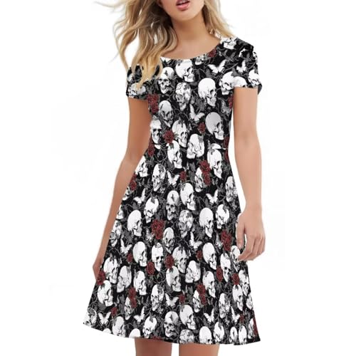 Image of HUGS IDEA Womens Puffy Swing Midi Dress Round Neck Short Sleeve Party A-Line Dresses