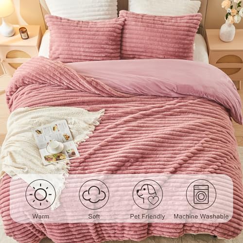Image of EMME Faux Fur Duvet Cover King Size, 3 Pieces Ultra Soft Fluffy Comforter Cover, Cozy Warm for Winter, Luxury Elegant Shaggy Striped Design Bedding, 1 Duvet Cover & 2 Pillow Shams (King, Old Pink)