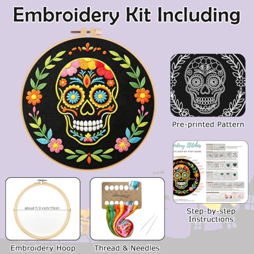 Image of Nuberlic Sugar Skull Embroidery Kit for Beginners Adults Stamped Needlework