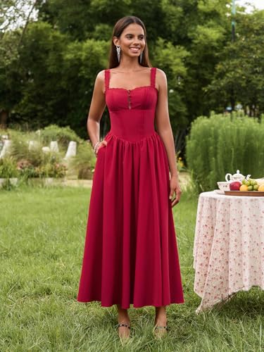 Image of KUTUMAI Women Summer Corset Midi Floral Wedding Guest Dresses with Pockets | Lace Neck, Smocked Back, Flowy A Line Sundress for 2026 Engagement Photoshoot Bridal Shower Garden Party