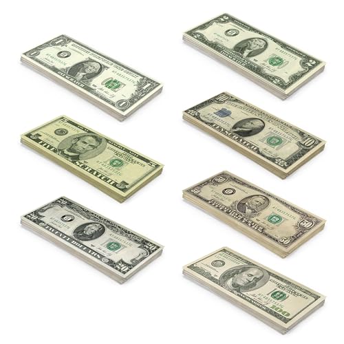 Ogni confezione include 175 banconote Scratch Cash Dollari Old Style: 25 x $ 1, 2, 5, 10, 20, 50, 100, perfette per giochi e attività creative.