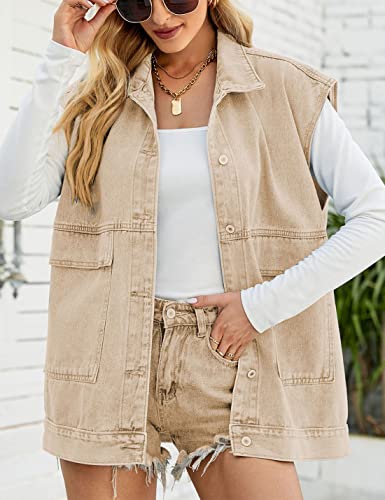 Image of PAODIKUAI Women's Oversized Denim Vest - Sleeveless Distressed Jean Vest with Pockets for Casual Layering