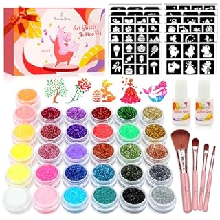Temporary Glitter Tattoo Kids, Eleanore's Diary 31 Colors,165 Unique Stencils,2 Glue,4 Brushes,Adults & Kids Art Glitter Make Up Kit, Gifts for Girls Boys Easter School Birthday Party