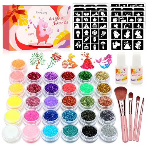 Glitzer Tattoo Set Mädchen, Tattoo Kinder, Eleanore's Diary 31 Biologisch abbaubarer Glitzer, Temporäre Tattoo Kit, Glitzertattoos Kinder, 165 Schablonen, 4 Pinsel, 2 Kleber, Ostergeschenk Mädchen 3+