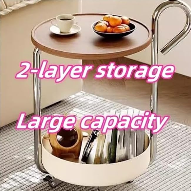 2-Layer Rolling Side Table with Handle Round Coffee Table Trolley with Wheels for Living Room Balcony & Small Spaces Solid Construction(Multi-Colored)-yhEXUfAM