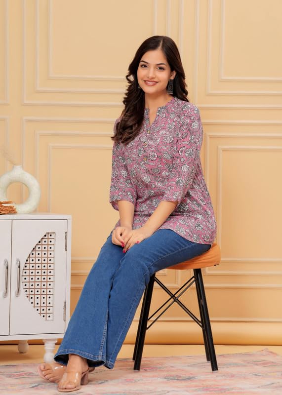 Image of Women's Cotton Printed Kurta Top | 3 /4 Sleeve Straight Kurti Casual Outings