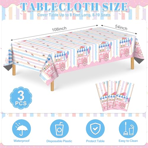 Image of NatNarr 3 Pack Ice Cream Tablecloths Party Decorations, 54 x 108 Inch Disposable Ice Cream Birthday Themed Table Cloth Waterproof Rectangle Party Table Cover for Kids Sweet One Birthday Baby Shower