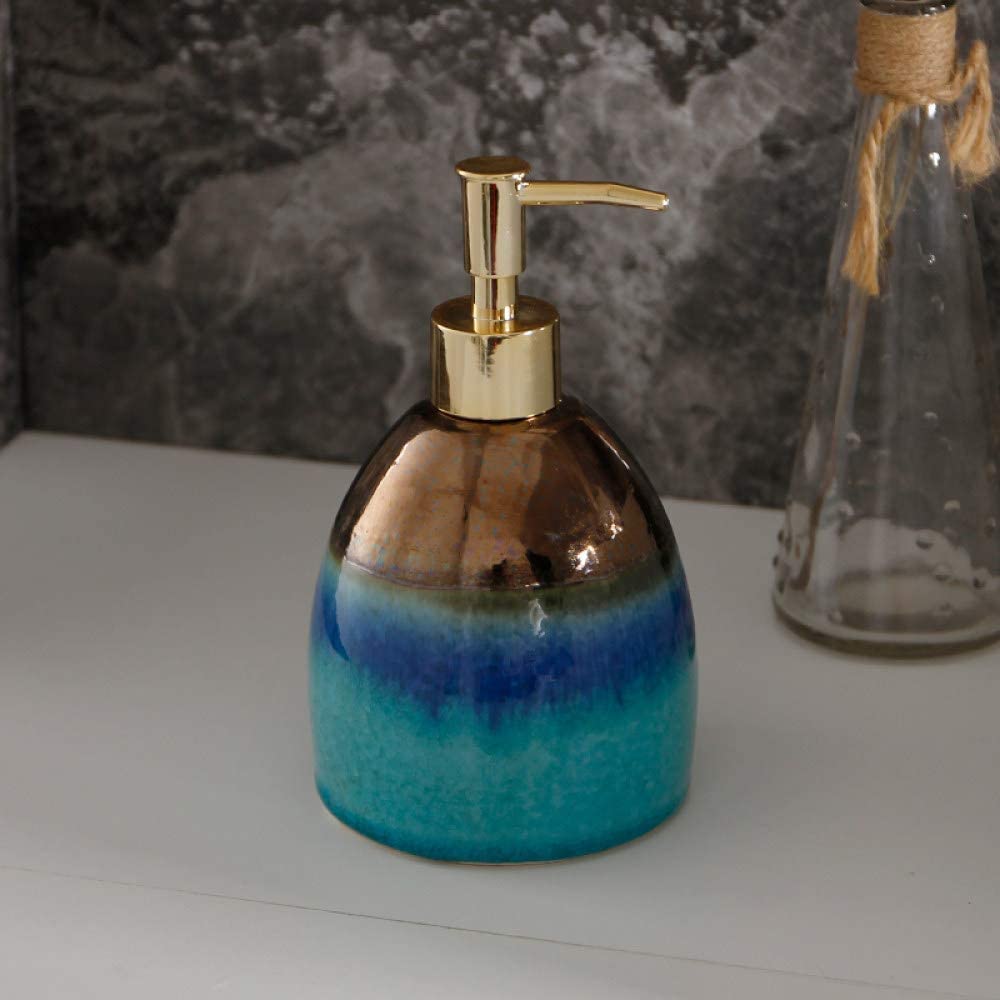 Art - Dispensador de jabón para baño, cocina, hotel, dispensador de jabón para baño, diseño retro de rayas degradadas verde azulado, botella de loción de cerámica, dispensador de jabón de