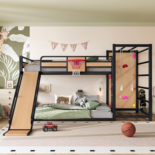 Bellemave Full Size Bunk Bed with Basketball Hoop Pull-up Rings and Climbing Wall Full Bunk Bed with Slide and Bookcase Heavy Duty Bunk Beds with Guardrail Natural
