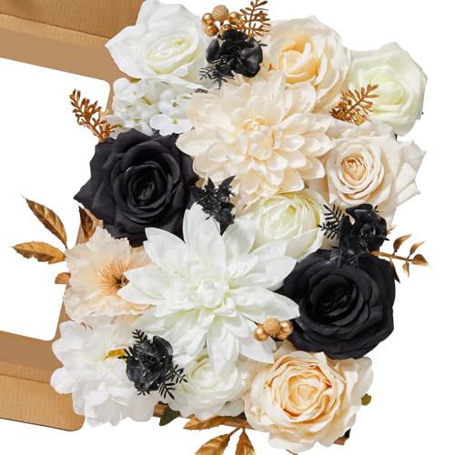 Serwalin Artificial White & Black & Champagne Flowers, Silk Fake