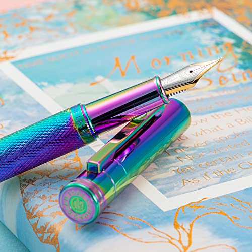 Image of Hongdian Rainbow Forest Fountain Pen Blade Nib Classic Design Calligraphy Pen with Converter and Metal Pen Case Set