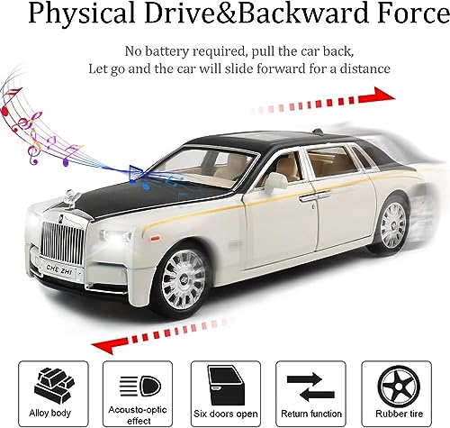 Image of DEOXY 1:24 Scale Diecast Alloy Pullback Rolls Royce Phantom Metal Car Toy With 6 Openable Doors, Lights, And Sounds For Kids,Black