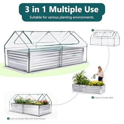 Image of NEWBULIG Galvanized Raised Garden Bed with Cover, 6x3x2ft Metal Planter Box Outdoor, Rectangular Raised Garden Planter Small Greenhouse for Vegetables Flowers Herbs, Open Bottom, Clear