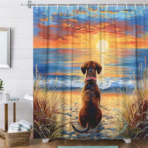 Image of Funny Dog Shower Curtain, Hilarious Dog on Sunset Sunrise Beach Seascape Art Shower Curtain Set, Nautical Ocean Bath Accessories Coastal Seaside Bathroom Decor with 12PCS Hooks, 70X70IN