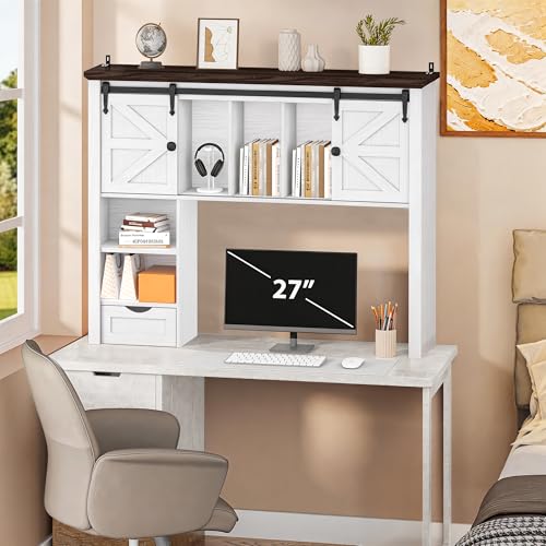 Image of Large Desktop Bookshelf with Sliding Barn Door, 47.2''W Desk Shelf Display Rack, Desktop Organizer Storage Rack with 7 Cubbies and Drawer, Home, Desk Shelf for Office, Dorm, Vanity, White