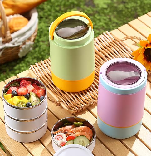 Image of House of Quirk 304 Stainless Steel Lunch Box - 900ml Three-Layer Portable Bento Box with Lid for Office Workers & Students (Green /Yellow)