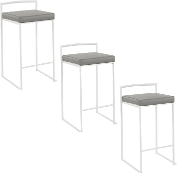 Fuji Stacker Counter Stools for Kitchen Counter in White Metal, Counter Height Chairs, Bar Stools Set of 3, Counter Height Stools Set of 3, Bar Stools For Kitchen Island Grey Faux Leather