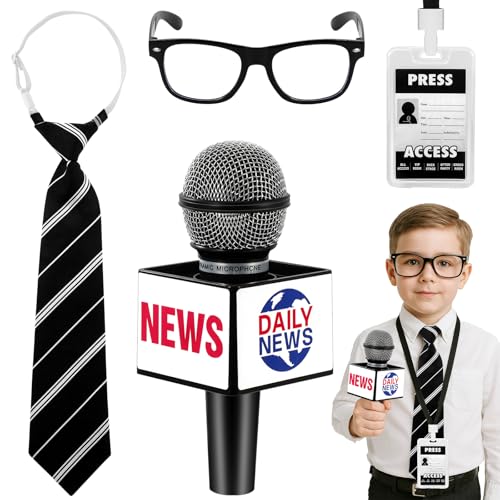 Accessori per Costume da Giornalista per Bambini, Kit Del Piccolo Giornalista con Microfono Giocattolo Cravatta Occhiali Finti Tessera Stampa Giocattolo Travestimenti per Halloween e Carnevale