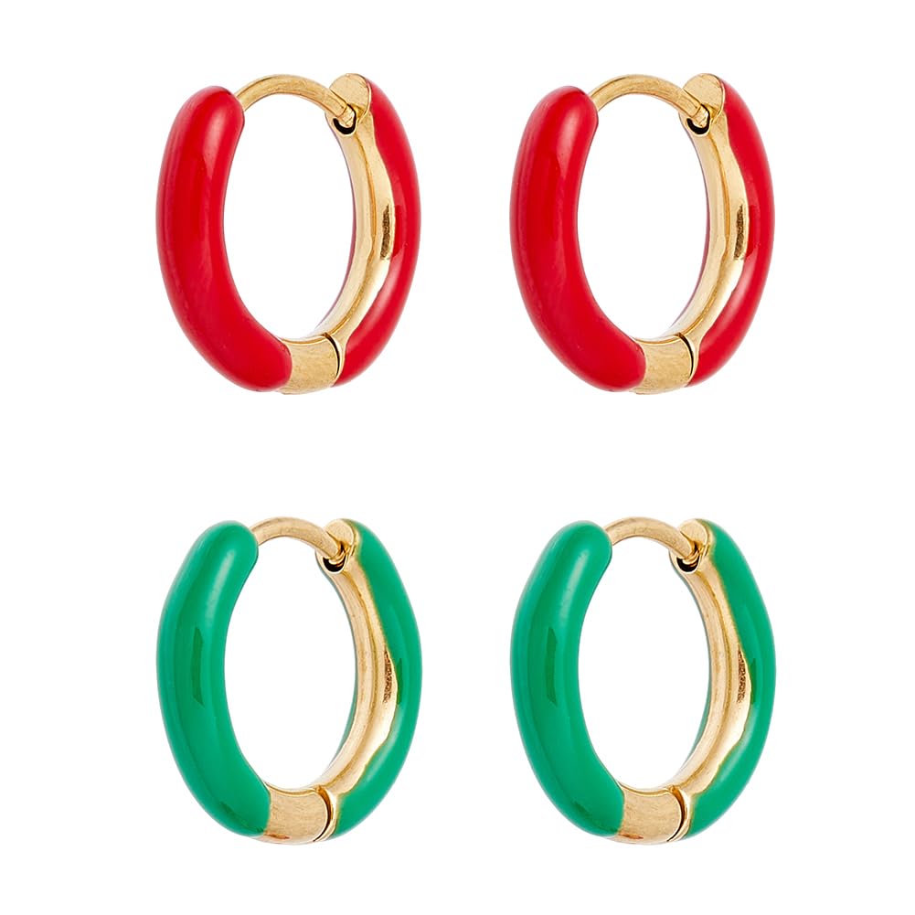 DICOSMETIC 2 Pairs Small Enamel Hoop Earrings 2 Colors Huggie Hoop Earrings 15-16mm Stainless Steel Huggie Hoop Earring Cute Statement Earrings Round