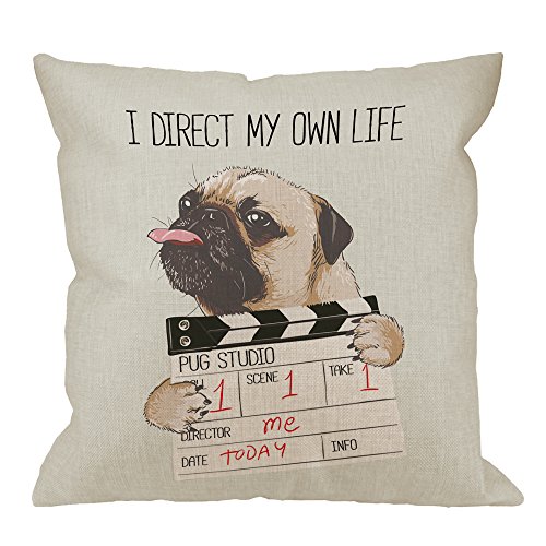HGOD DESIGNS Pug Pillow Covers,Decorative Throw Pillow Pug Dog with Director Slate I Direct My Own Life Pillow Cases Cotton Linen Outdoor Indoor Square Cushion Covers for Home Sofa Couch 18x18 inch