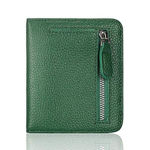 Funtor Carteiras femininas pequenas, compactas, com duas dobras, com bloqueio de RFID, carteira de couro legítimo para mulheres, A: F Couro natural - verde escuro, universal, Carteira RFID