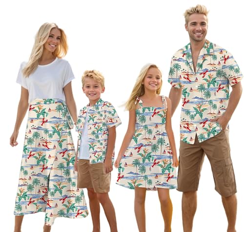 Image of Cromoncent Matching Hawaiian Outfits for Family, Dad and Son Matching Luau Beach Tropical Shirts Mommy Daughter Tropical Sets